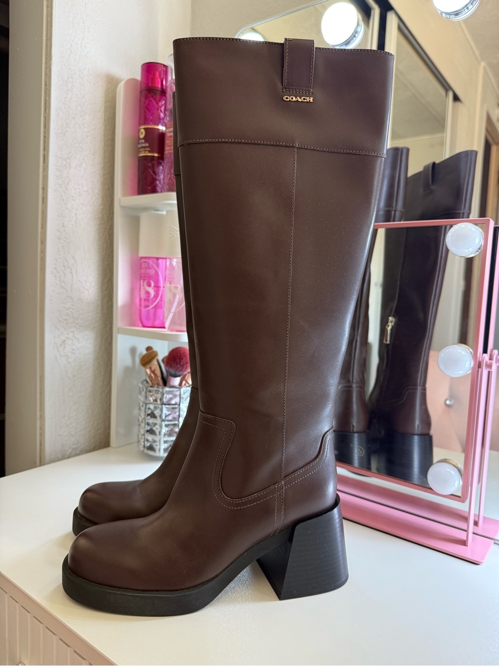 Coach Dark Brown Leather Knee-High Block Heel Boots